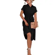 Short Sleeve Button Flowy Swing Dress with Waistband