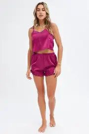 Purple Satin Pj Lace Trim Cami Pyjama Set - Size L, Women's Pj Set