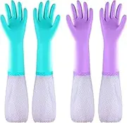 Elgood Reusable Dishwashing Cleaning Gloves with Latex Free, Cotton Lining,Vinyl Kitchen Gloves Long Sleeve with Elastic 2 Pairs(Purple+Blue,Medium)