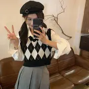 V-Neck Argyle Crop Sweater Vest / Long-Sleeve Plain Loose-Fit Shirt Vest - Argyle - Black - S