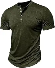 [Zylphorix] Men Quarter Button Casual Polo Shirt Solid Short Sleeve Round Neck Daily T-Shirt Summer Henry Exercise Pullover Top, Navy Green, Medium