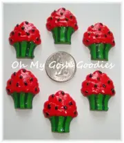 6PC RED WATERMELON CUPCAKE SEEDS RESINS FLATBACK 4 HAIRBOW BOW