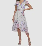 DKNY Women's White Flutter-Sleeve Faux-Wrap Midi Dress Size 12