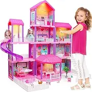 Doll House, Dollhouse w/ Furniture - Pink / Purple Girl Toys | 4 Stories, 11 Rooms w/ 2 Princesses, Slide, Lights, Gifts for 3 4 5 6 7 8 9 10 Year Old Girls Toys(27.6" x 26.8" x 35.8")
