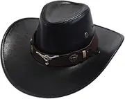 YFVFAGDMKV Sunshade Cowboy hat Faux Leather Western Cowboy Hats for Women Men Vintage Big Brim Panama Cowgirl Jazz Cap(1)