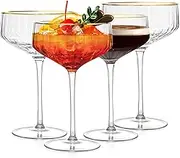 13 oz Ribbed Coupe Glasses set of 4, Large Espresso Martini Glasses Gold Rimmed Vintage Coupe Glasses Set for Champagne Cocktail Party Bar Dessert