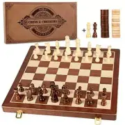 2 in 1 Magnetic Wooden Chess & Checkers Set 15 In, Folding Board Gift Box Packed