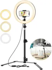 10" Selfie Ring Light with Tripod & Cell Phone Holder,Dimmable Desktop Ringlight