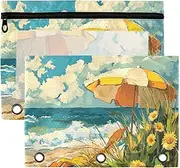 Beach Art Summer Oil Painting Binder Pouches Zipper with Clear Window Large Bags in Assorted Colors Binder 3 Rings School Class Office Organizers Multicolored 2 PCS