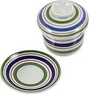 KOCKSHION Ceramic Stew Pot with Lid Elegant Porcelain Soup Bowl for Cooking and Serving for Home Use and Entertaining Stylish Design in Blue Green Stripes