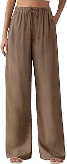 [Feiersi] Women's Casual Pants Drawstring Elastic Waist Pants Flowy Wide Leg Beach Trousers with Pockets