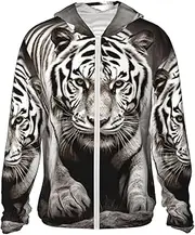 [LHBWCVN] UPF 50+ Light Jacket Full Zip Sun Protection Hoodie for Women Men Long Sleeve Black and White Tiger Sun Shirts