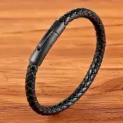 New Classic Style Men Leather Bracelet Simple Black Stainless Steel Button Ne...