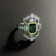 Art Deco Style Green Emerald Lab Created Diamond 14K White Gold FN Wedding Ring