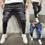 Men's Sport Beam feet Athletic Ripped Jeans Slim Fit Skinny Stretch Jeans Pants