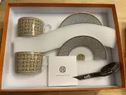 New HERMES Porcelain Tea Cup & Saucer Set Mosaique Au 24 Gold 2 Cups 2 Saucers