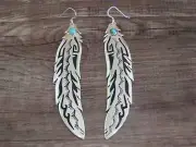 Navajo Sterling Silver Feather & Turquoise Petroglyph Dangle Earrings - Singer
