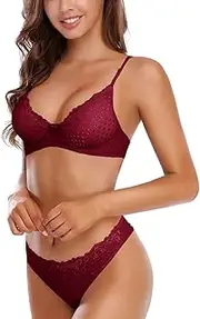 [SHEKINI] Women Lace Bra and Panty Set 2 Piece Underwire Lingerie Set Bra and Thongs Set with Removable Pads