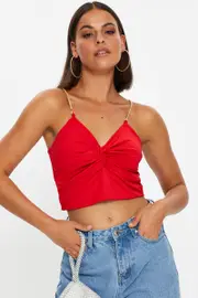 Red Chain Strap Slinky Jersey Knot Front Singlet Top - Size M, Women's Singlet