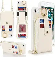 SunYoo for iPhone SE 2022 / SE 2020 Case Crossbody Shoulder Wallet Leather Cover with Card Holders Rotatable Ring Holder Kickstand Wristlet Strap Lanyard Phone Case for iPhone 8 7 White