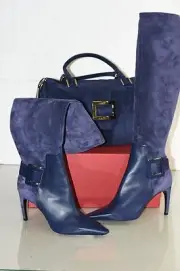 $5600 NEW SET Roger Vivier Ink Blue Bauletto Metro BAG + Ale Miss Boots Shoes 40