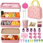 32 Pcs Japanese Bento Box Kit, 3-In-1 Compartment W/Soup Cup, Sushi Mat, Spoon F