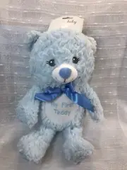 Kelly Baby My First Teddy Bear Rattle Plush Animal Bear Toy Blue Embroidered NEW