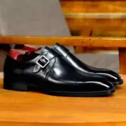 Handmade Men Black Leather Single Monk Strap Shoes, Office Mens Buckle Shoes