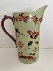 ANTHROPOLOGIE Glazed Stoneware Purple & Green Pheasant Pitcher is NWOT!