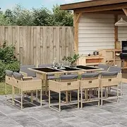 11 Piece Garden Dining Set with Cushions Mix Beige Poly Rattan Patio Bar Sets