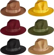 [Hercicy] 6 Pcs Fedora Hats for Women Felt Panama Hat Wide Brim Fedora Hat with Belt Buckle Floppy Hats Vintage Decoration Dress Hat