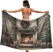 [XYMZR] Christmas Fireplace Tree Women's Sarong Swimsuit Coverups Chiffon Bikini Wraps Skirt with Tassels L