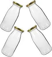 DINHEAROM 4Pcs Glass Milk Bottles with Lids Clear Juicing Bottles for Milk Juice Water Storage Glass Containers with Cleaning Brush and Stickers