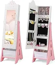 HONEY JOY Kids Jewelry Armoire Cabinet, Free-Standing Full Length Mirror with Storage and 2 Tilt Angles, Kids Vanity Dress Up Mirror with Hooks, Shelves and Drawer, for Girls Birthday Christmas