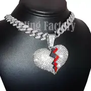 Broken Heart pendant & 18" Iced Box Lock Cuban Choker Chain Hip Hop Necklace