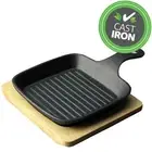 Benzer - Sizzle Cast Iron Mini Square Grill on Wooden Tray 12cm