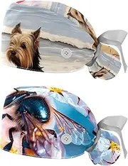 [YTYVAGT] 2-Pc,Nurse Scrub Caps,Scrub Hats with Buttons and Cotton Sweatband,Dog Beach Love Balloon