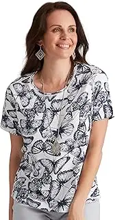 [MILLERS WOMAN] Millers - Womens Summer Tops - Blue Tshirt/Tee - Cotton - Paisley - Casual - Navy Butterfly - Fitted - Short Sleeve Crew Neck - Cropped - Work Wear