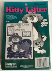 Counted cross stitch kit & frame Janlynn KITTY LITTER SPOILED CAT #KL11 5 x 7"