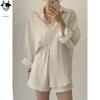 在飛比找蝦皮購物優惠-牛奶少女[任2件折30]韓國chic夏季休閒百搭亞麻防晒襯衫