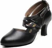 [Bokimd] Womens Black Cross Strap Character Shoes Latin Salsa Ballroom Dance Heels Wedding Dress Pumps