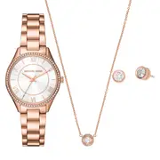Michael Kors Lauryn Three-Hand Rose Gold-Tone Stainless Steel Watch, Earrings and Necklace Gift Set MK4850SET