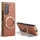 For Samsung Galaxy Z Fold 6 5 4 3 Plated Leather Magnetic Case + 360° Ring Stand