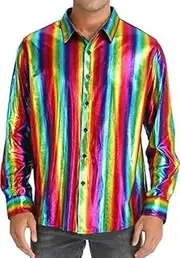 [Generic] Men's Casual Shirt with Sequined Button up Collar and Glossy T-Shirt