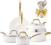 Nonstick Cookware Set - 16 PCS Non Toxin Pots and Pans Set Non stick With Dutch Oven, Frying Pan Set, Saucepan, Sauté Pan, Cooking Utensils - Kitchen Cookware Sets Granite Cooking Pot Gold Gifts