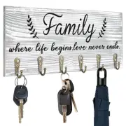 Key Holder Wall Mount Rustic Wooden Rack With 6 Hooks For Farmhouse Home