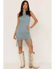 Shyanne Yarn Crochet Fringe Trim Midi Dress Sz 2XL NWT Blue Tassel Bodycon Fun