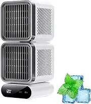 Double-Layer Shaking Ice Desktop Fan, Portable Dual Heads 360° Rotating Rechargeable Table Fan, Intelligent Digital Display,Small Quiet Table Fans for Office Room (1-PCS)