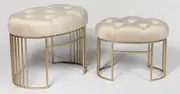 Oval-shaped tufted button stools with gold metal in beige 2pieces