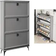 Slim Shoe Storage Rack Cabinet for Entryway, Hidden Freestanding Tipping Bucket Wooden Shoe Organizer, Narrow Cabinet for Hallway (Color: Gray)